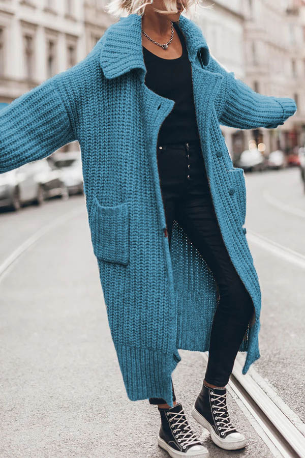 Chunky and Warm Knit Button Pocketed Oversized Midi Cardigan
