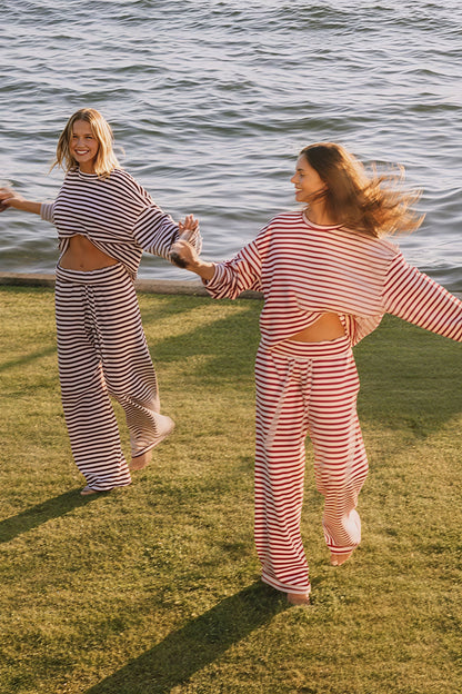 Stripe Crewneck Drawstring Two Piece Set