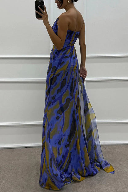 One-Shoulder Ruched Feather Floral Accent Marble Print High-Slit Maxi Gown