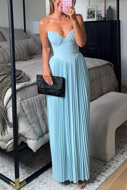 Strapless V Neck Corset Pleated Maxi Dress