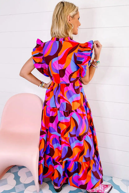 multicolour abstract ruffle maxi dress