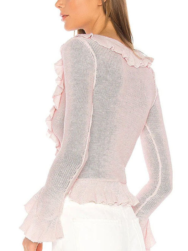 Solid V Neck Ruffle Long Sleeve Knit