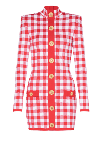 Knit Checks Metal Button Mini Dress