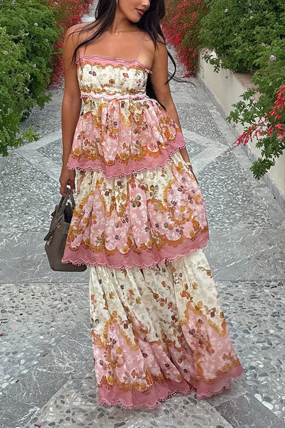 Spaghetti Strap Back Lace-up Ruffle Layered Floral Print Maxi Dress