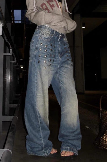 Studded Washed Wide Leg Jeans