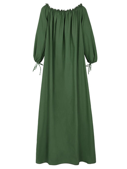 Maxi Dress Oversized White Long Sleeves One Shoulder Pleated Cotton Floor Length Dress
