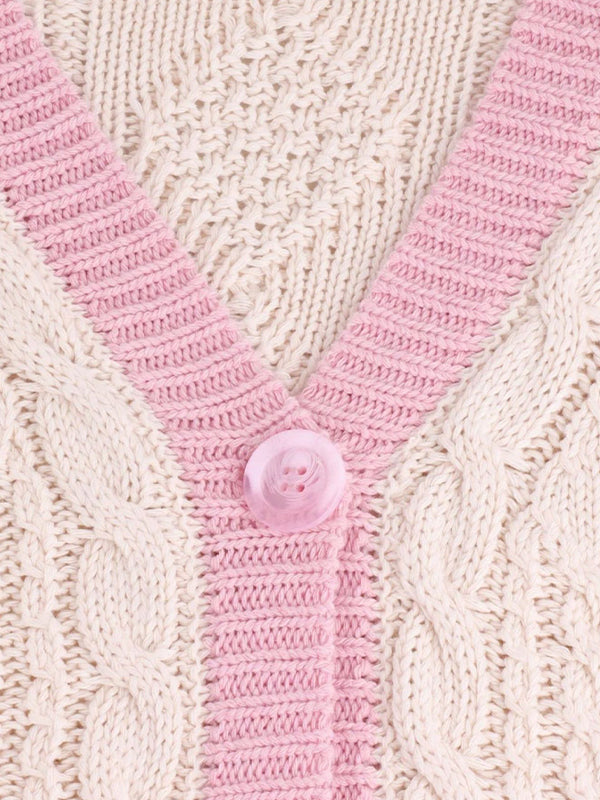 Contrast Trim Star Embroidery V Neck Cardigan
