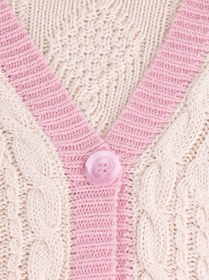Contrast Trim Star Embroidery V Neck Cardigan