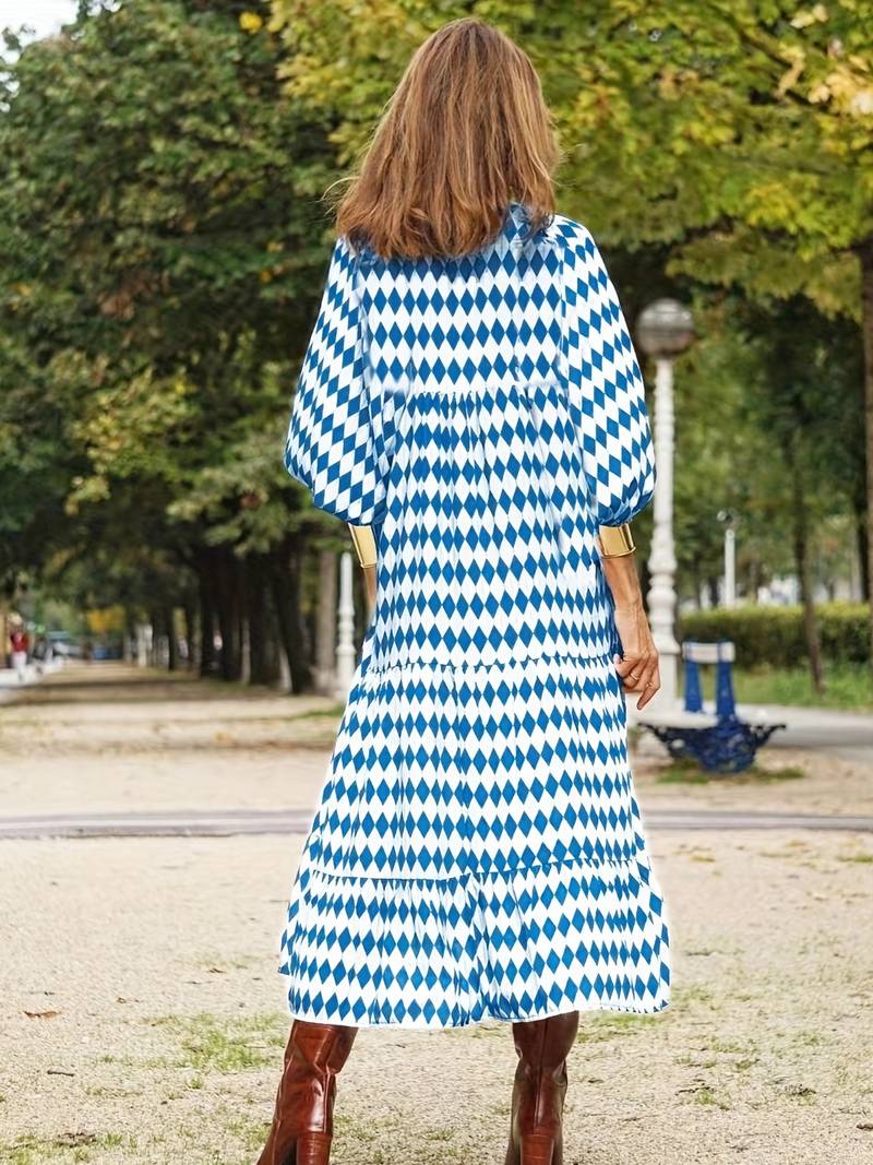 Harlequin Diamond Print Deep V Neck Puff Sleeve Tiered Maxi Dress