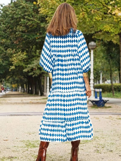 Harlequin Diamond Print Deep V Neck Puff Sleeve Tiered Maxi Dress