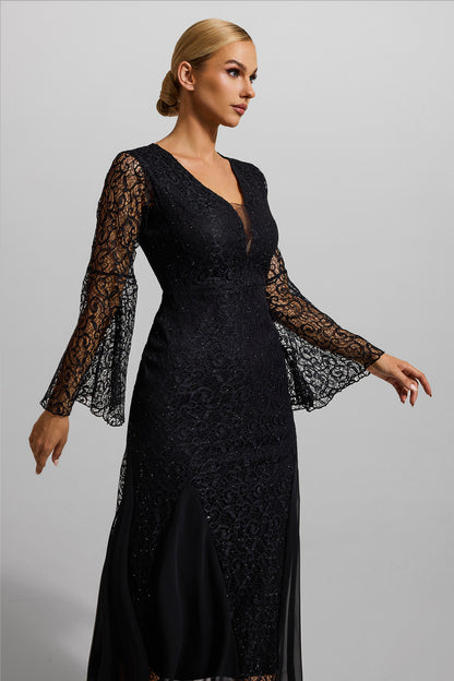Lace Solid V-Neck Ball Sleeve Midi Dress