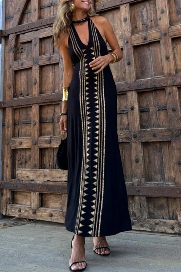 Metallic Triangle Foil Print Halter V-Neck Backless Column Maxi Dress