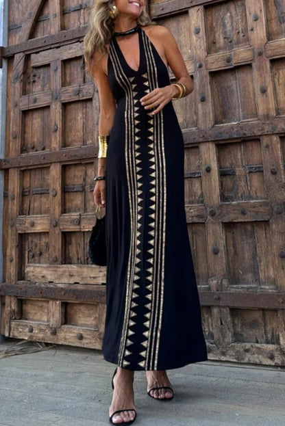 Metallic Triangle Foil Print Halter V-Neck Backless Column Maxi Dress