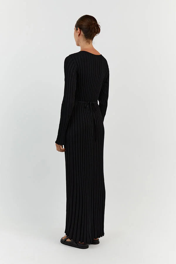 Rib Knit Deep V-Neck Long Sleeve Lettuce Hem Column Maxi Dress