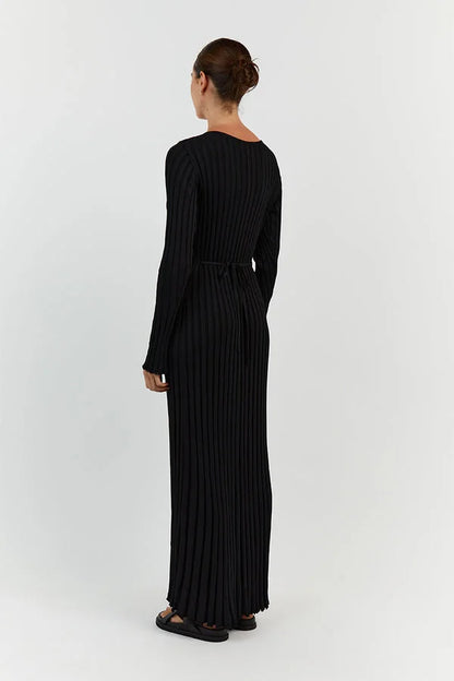 Rib Knit Deep V-Neck Long Sleeve Lettuce Hem Column Maxi Dress