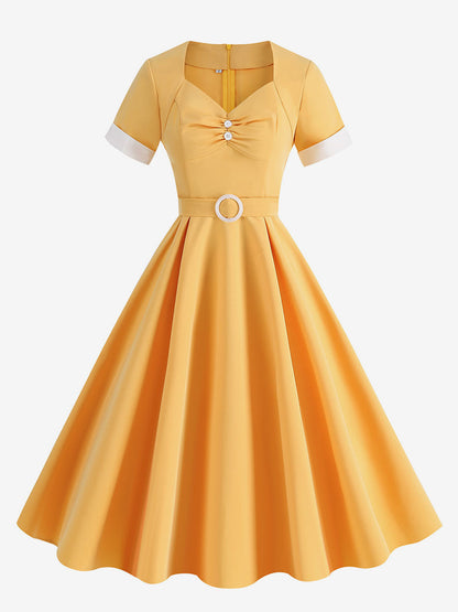 Dress Designed Neckline Short Sleeves Ring Detail Retro Midi Dress