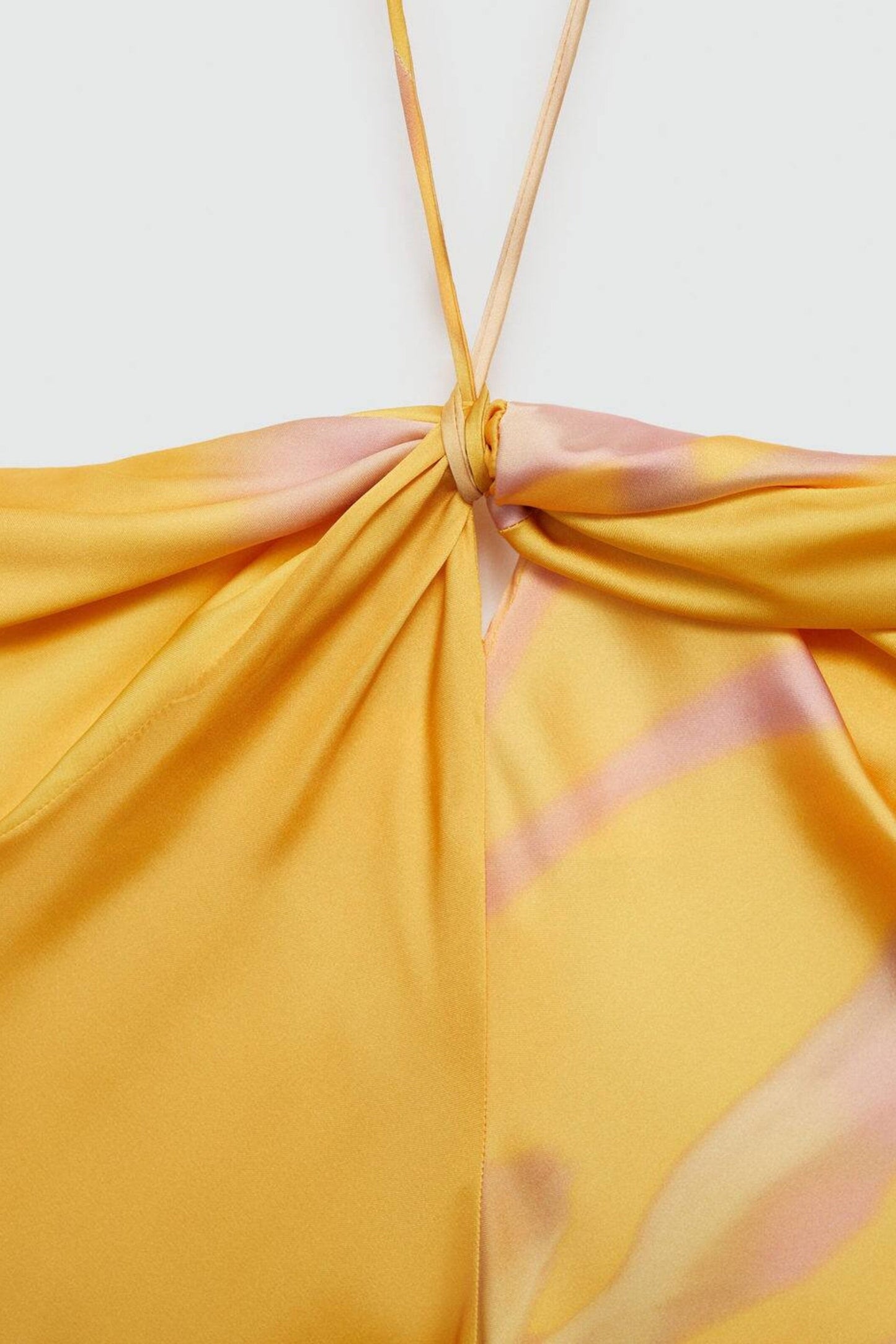 Halter Neck Twist Front Gathered Bodice Abstract Floral Satin Maxi Dress