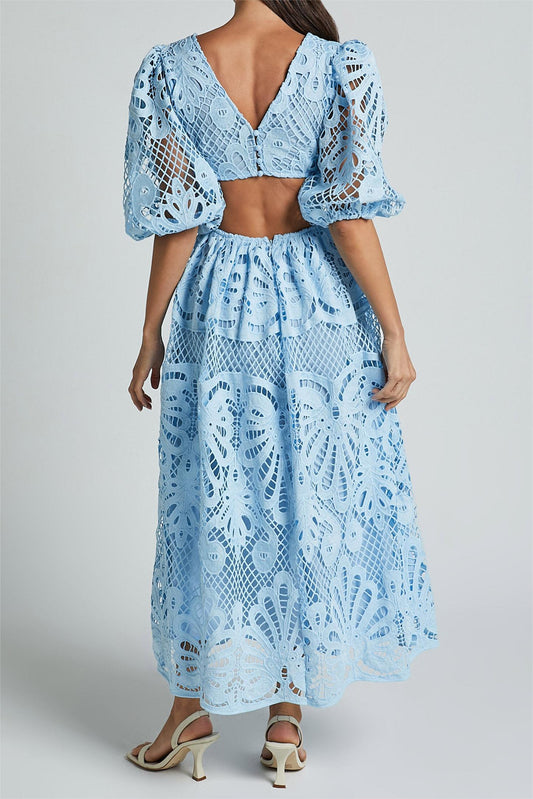Lace V-Neck Cut-Out Midi Dress Blue