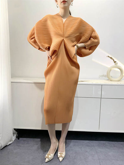 Original Creation Loose Batwing Sleeves Pleated Solid Color V-Neck Midi Dresses