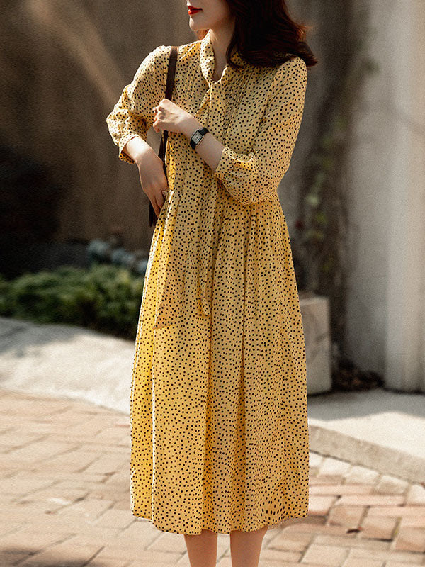 A-Line High Waisted Polka-Dot Tied Mock Neck Midi Dresses