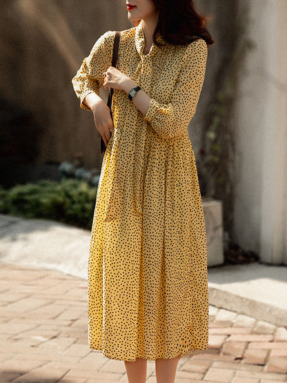 A-Line High Waisted Polka-Dot Tied Mock Neck Midi Dresses