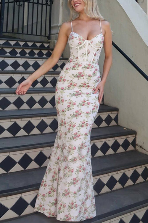 Spaghetti Strap Corset Floral Print Bodycon Maxi Dress
