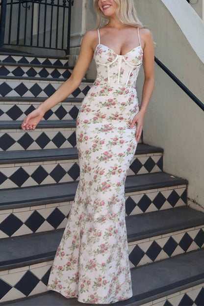 Spaghetti Strap Corset Floral Print Bodycon Maxi Dress