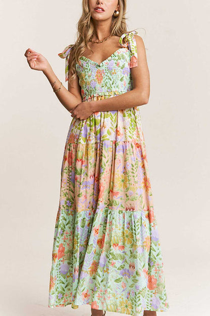 Margovil V Neck Bow Shoulder Tiered Floral Print Maxi Dress