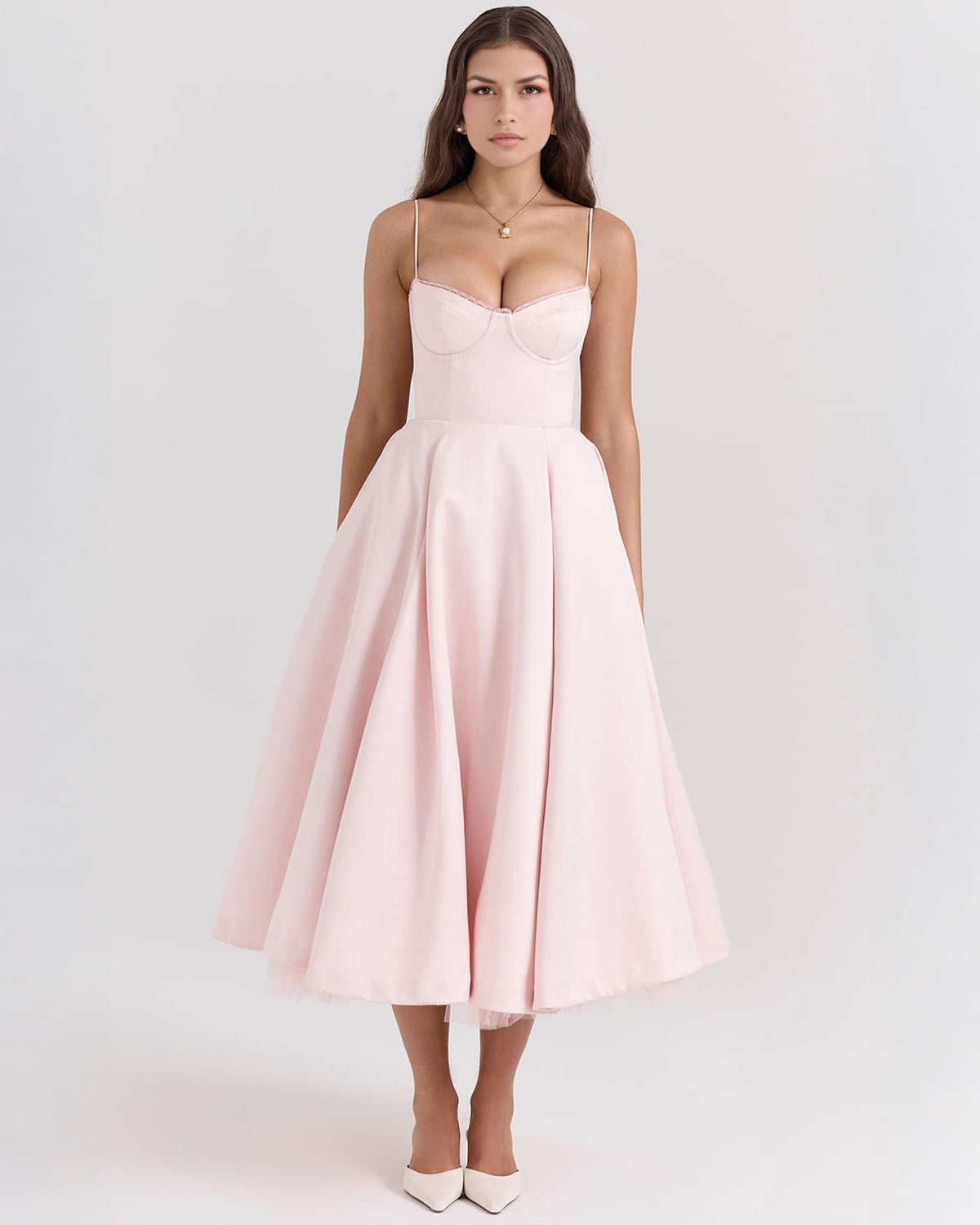 Bustier Spaghetti Strap Lace Trim Pleated Fit and Flare Midi Dress