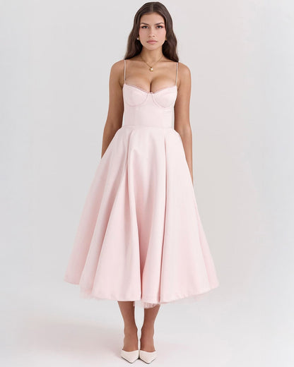Bustier Spaghetti Strap Lace Trim Pleated Fit and Flare Midi Dress