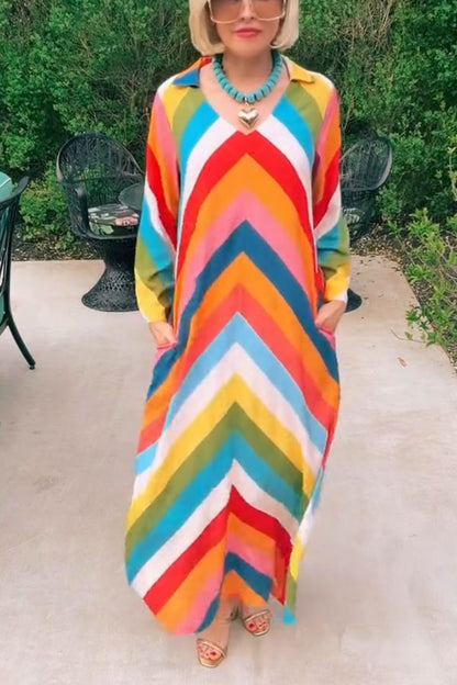 Rainbow Skyline Color-block Print Pocket A-line Shirt Maxi Dress
