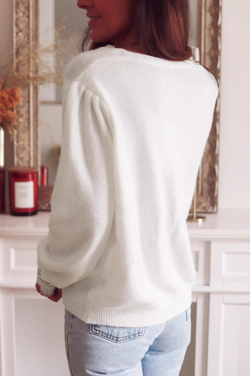 Lace-Trimmed V-Neck Loose Solid Knit Cardigan