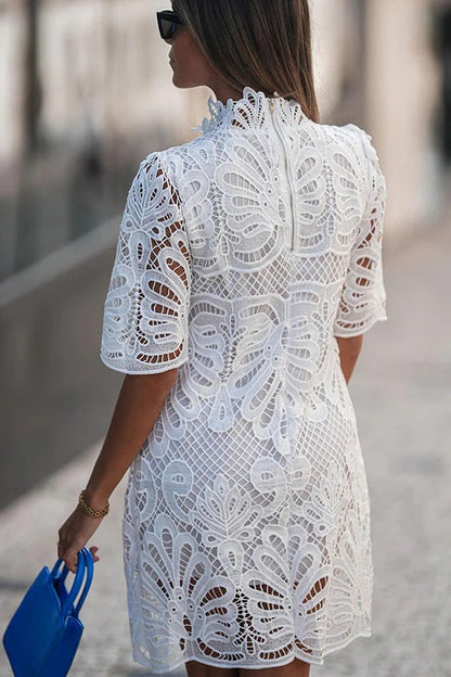Guipure Lace Hollow-Out Mock Neck Scalloped Hem Shift Mini Dress