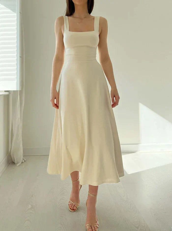 Square Neck Wide Strap A-Line Midi Dress