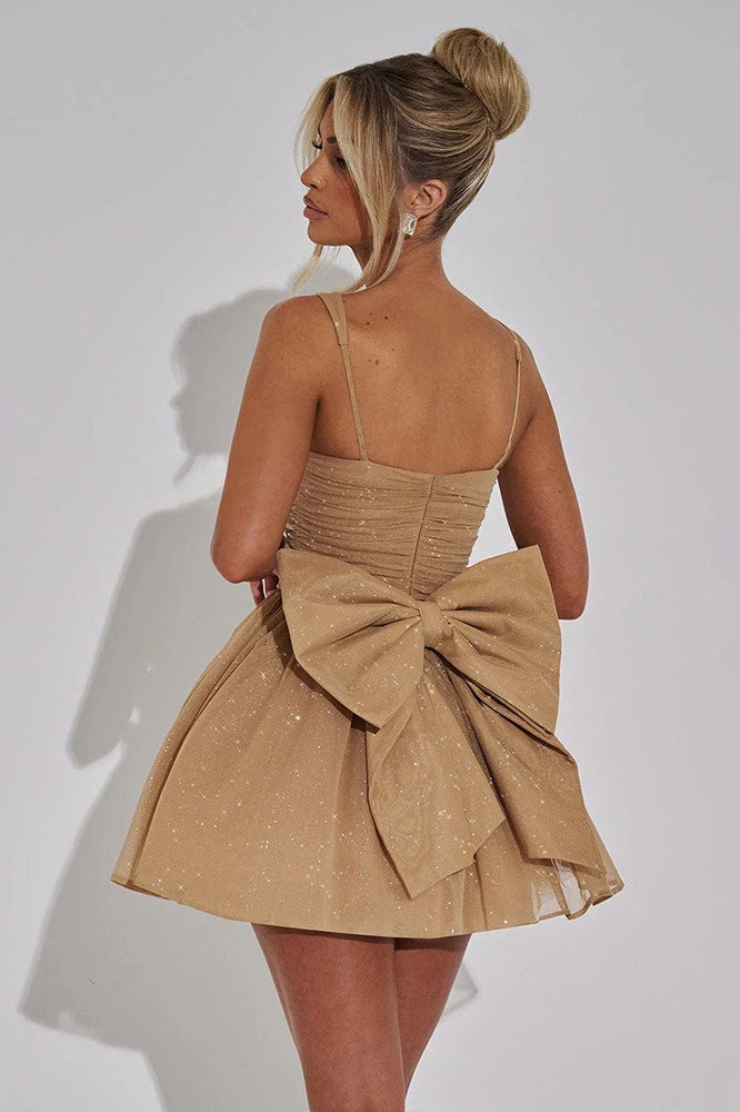 Sweetheart Neck Glitter Corset Bodice Back Bow A-Line Mini Dress