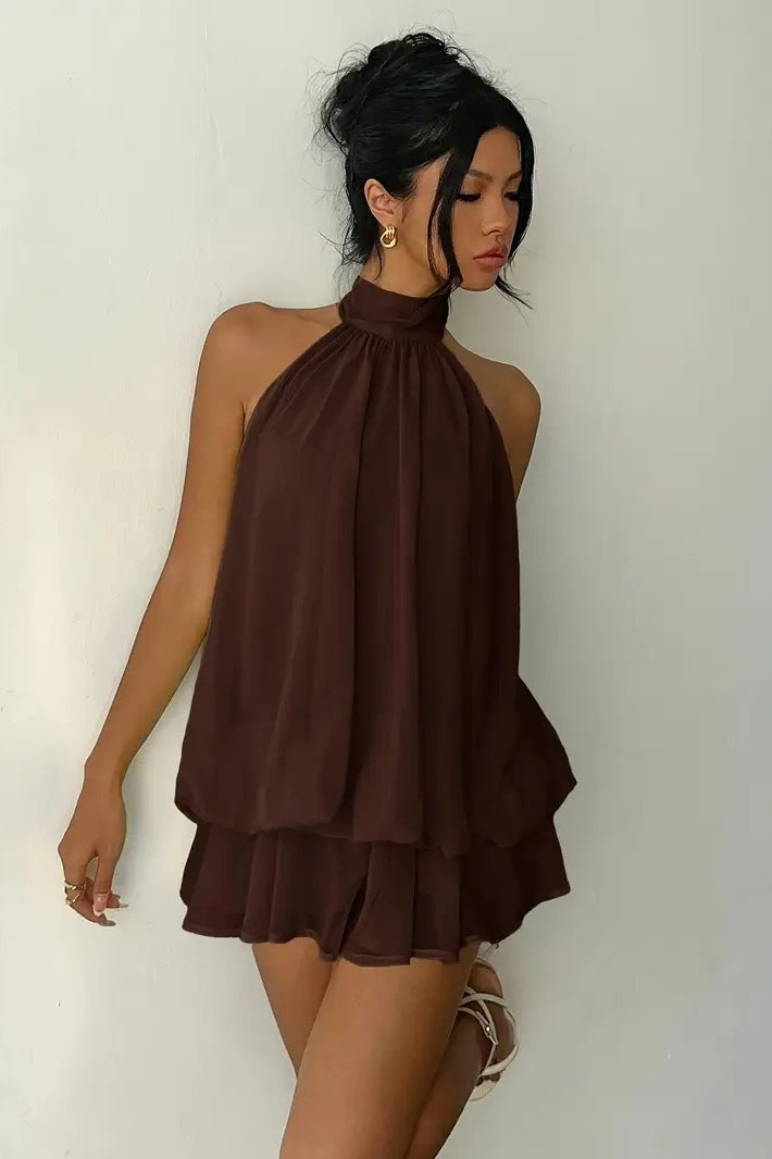 Pleated Halter Neck Tiered Ruffle Chiffon Trapeze Mini Dress