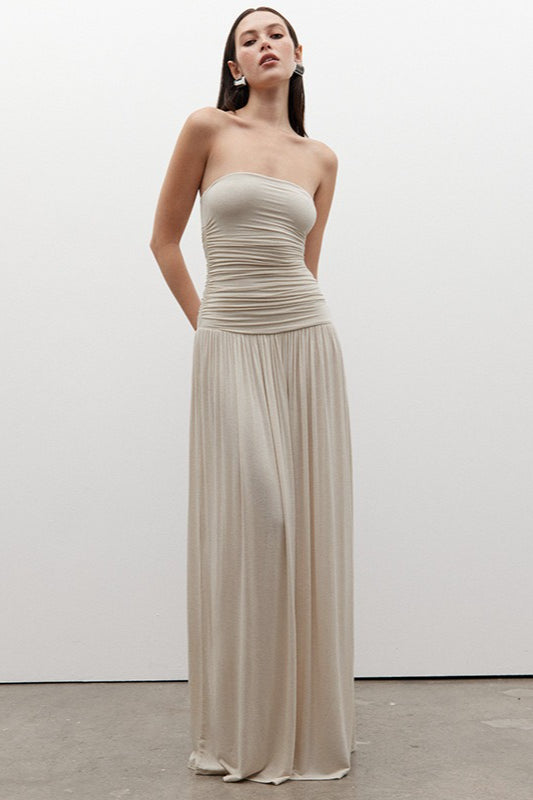 Strapless Ruched Bodice Dropped Waist Flowy Maxi Dress