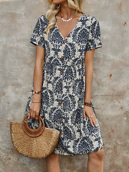 A-Line High Waisted Buttoned Pleated Printed Split-Joint V-Neck Mini Dresses