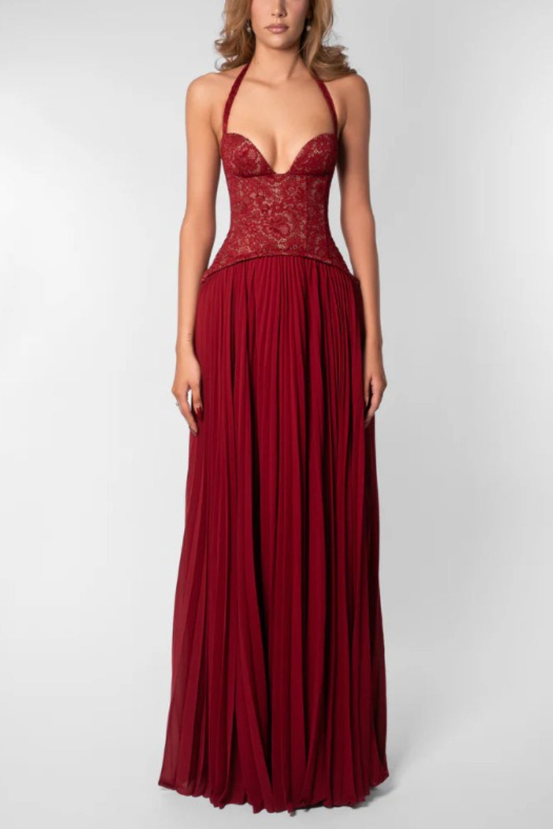 Lace Halter Plunging Sweetheart Accordion Pleat Chiffon Maxi Gown