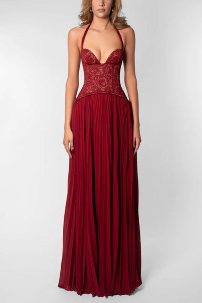 Lace Halter Plunging Sweetheart Accordion Pleat Chiffon Maxi Gown