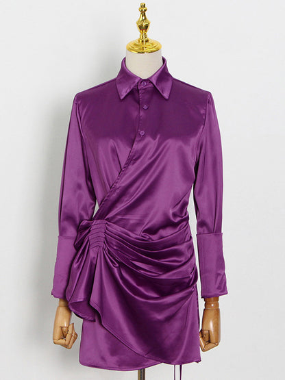 Shirt Dresses Draped Button Up Asymmetrical Casual Mini Dresses
