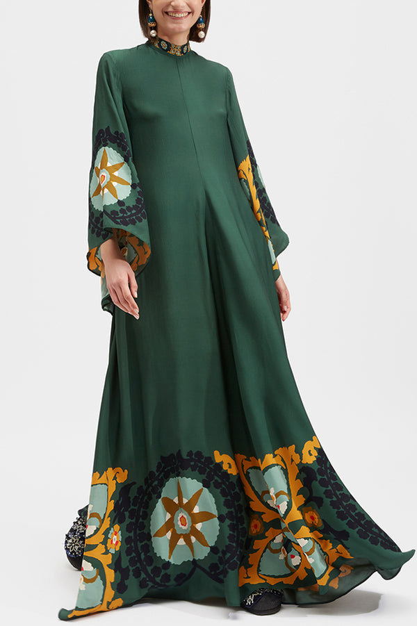 Shine The Light Unique Printed High Neck Bell Sleeve Loose Maxi Dress