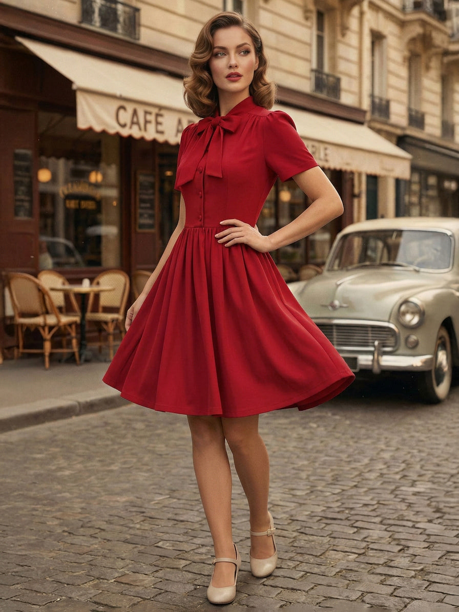 Vintage 1950s Midi Swing Tea Dress for Women - Bow Neck Short Sleeve Fit and Flare Rockabilly Gown - Garden Party 2026