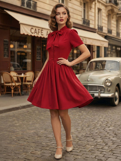 Vintage 1950s Midi Swing Tea Dress for Women - Bow Neck Short Sleeve Fit and Flare Rockabilly Gown - Garden Party 2026