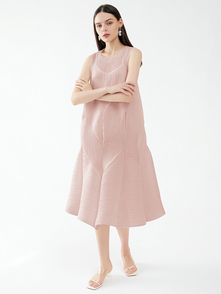 Summer Dress Sleeveless Patchwork Designed Neckline Midi Dress