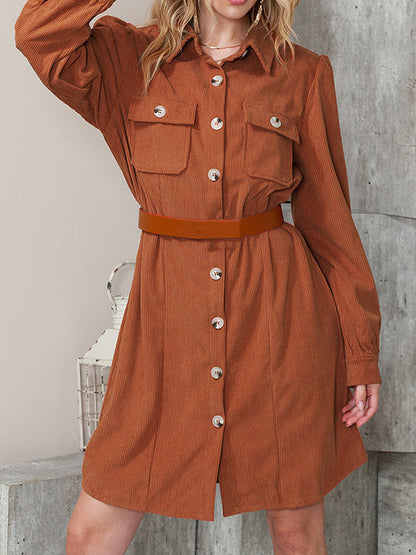 Long Sleeves Loose Pleated Split-Joint Lapel Mini Dresses Shirt Dress