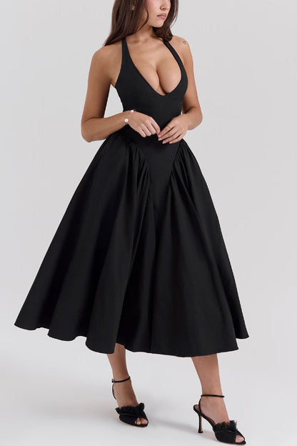 Deep V-Neck Halter Pointed Bodice Fit-and-Flare Midi Dress