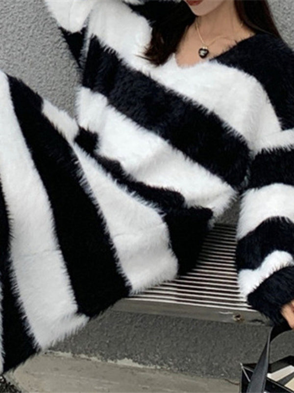 Long Sleeves Loose Striped V-Neck Knit Dresses Midi Dresses