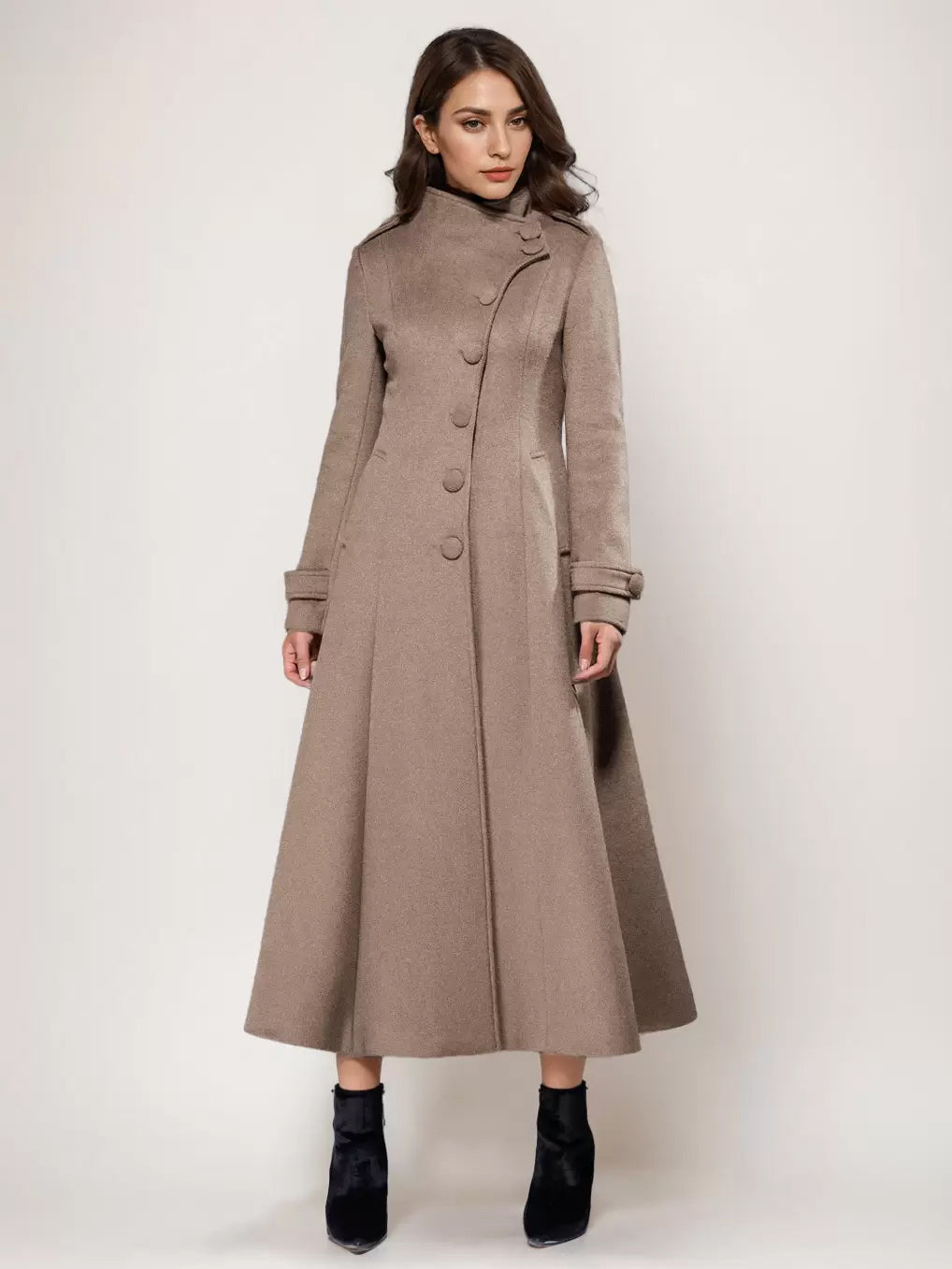 Wool Blend Long Coat A-line Flared Stand Collar Elegant Gray Vintage Winter Outerwear For Women 2026