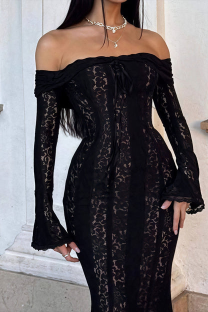 | Off Shoulder Lace Flare Sleeve Fitted Maxi Dress